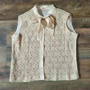 Vintage Pure Silk Hand Embroidered Tie Bow Sleeveless Buttondown Blouse Size M